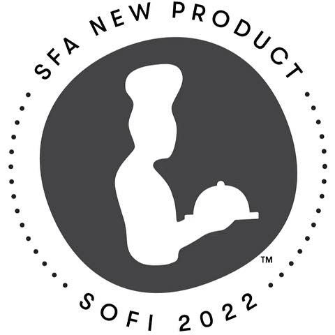 Black and white circular badge featuring a chef holding a covered dish in the center, surrounded by the text SFA New Product SOFI 2022.
