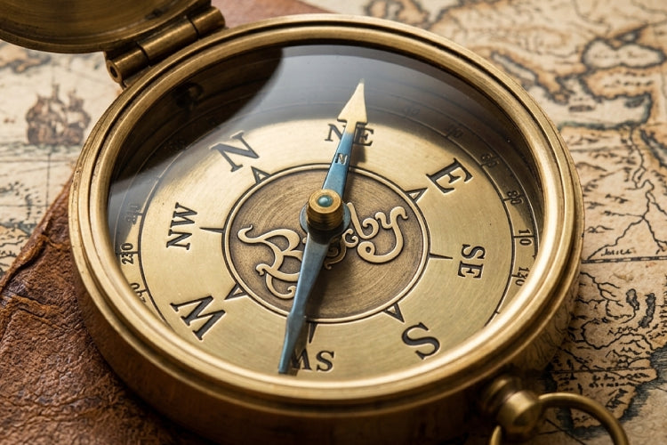 Golden compass with an arrow pointing towards the NE.