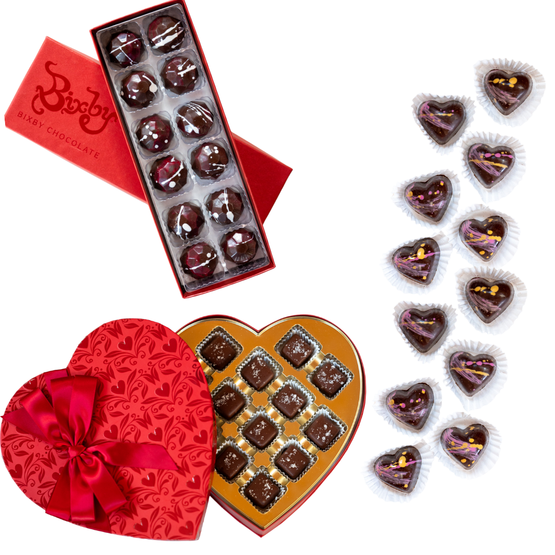 The Ultimate Valentine's Gift Pack by Bixby Chocolates features heart-shaped chocolates in red boxes with Amarena cherry bon bons and sea salted caramels—perfect Valentine's gifts displayed on a white background.