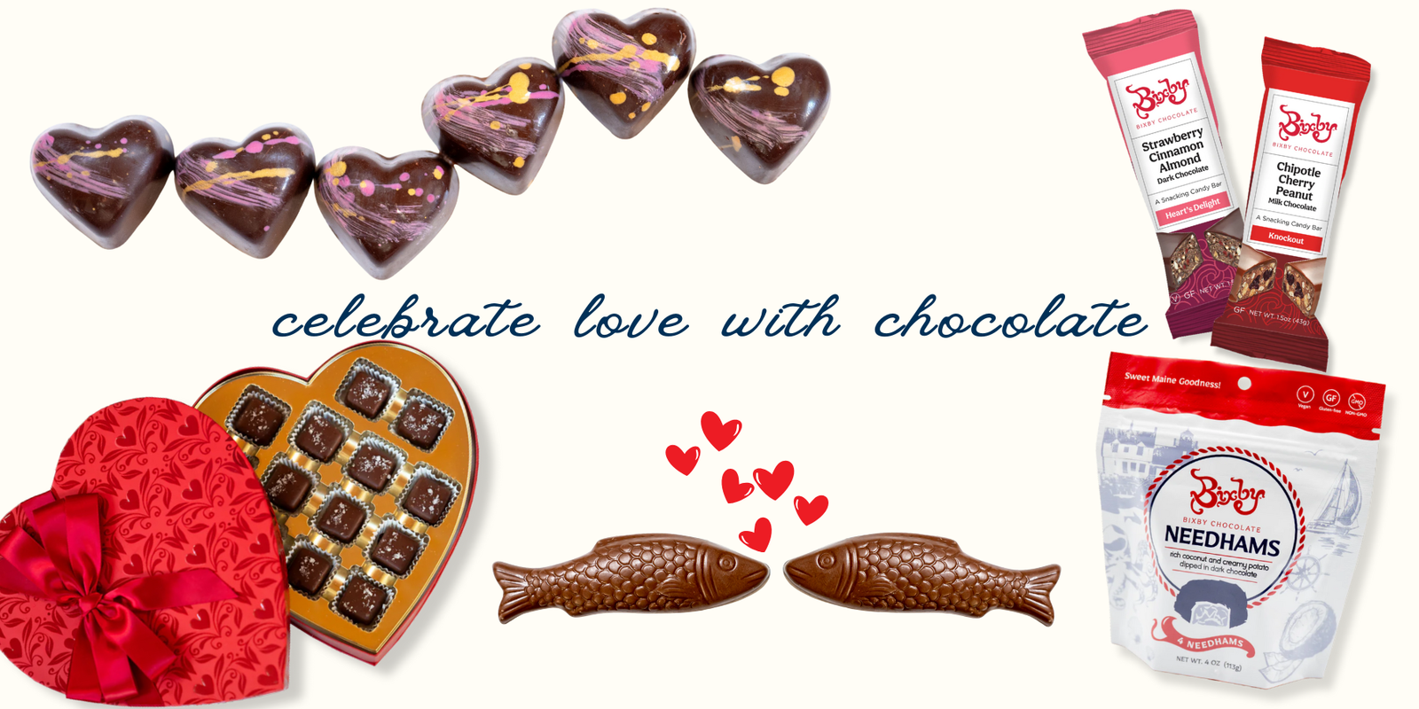 Assorted heart-shaped chocolates, a red heart box of chocolates, chocolate bars, a bag of Needhams, and two chocolate fish with red hearts. The text in the center reads, celebrate love with chocolate.