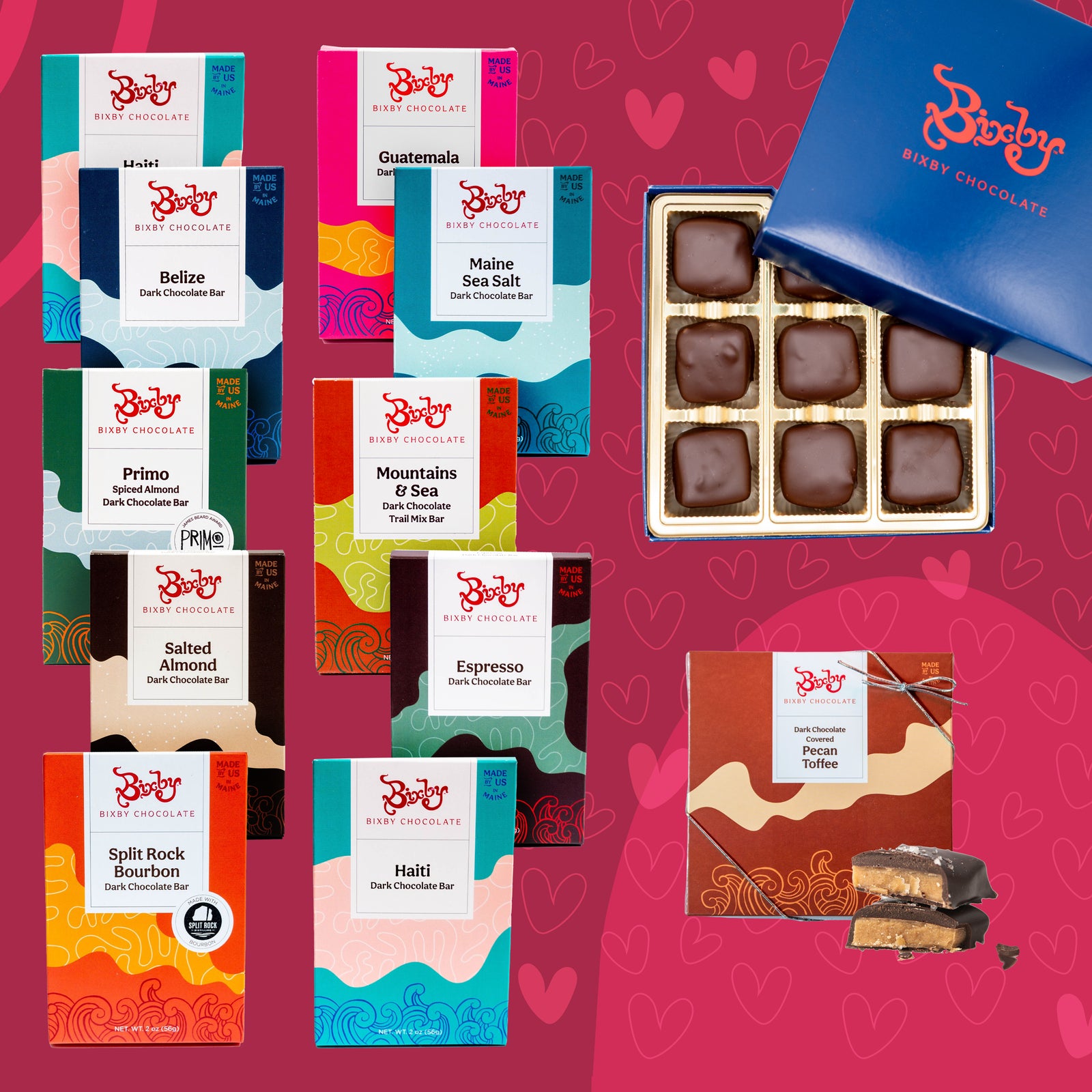 Assorted Bixby chocolate bars with colorful wrappers are arranged beside a blue Bixby box of chocolate squares and a box of dark chocolate sea salt toffee. Pink background with heart doodles.