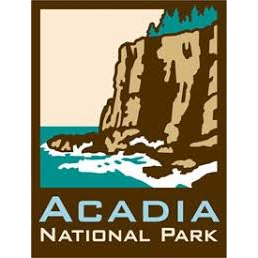 Stylized illustration of a rocky cliff with trees at the top, waves crashing below, and text reading “Acadia National Park” at the bottom.