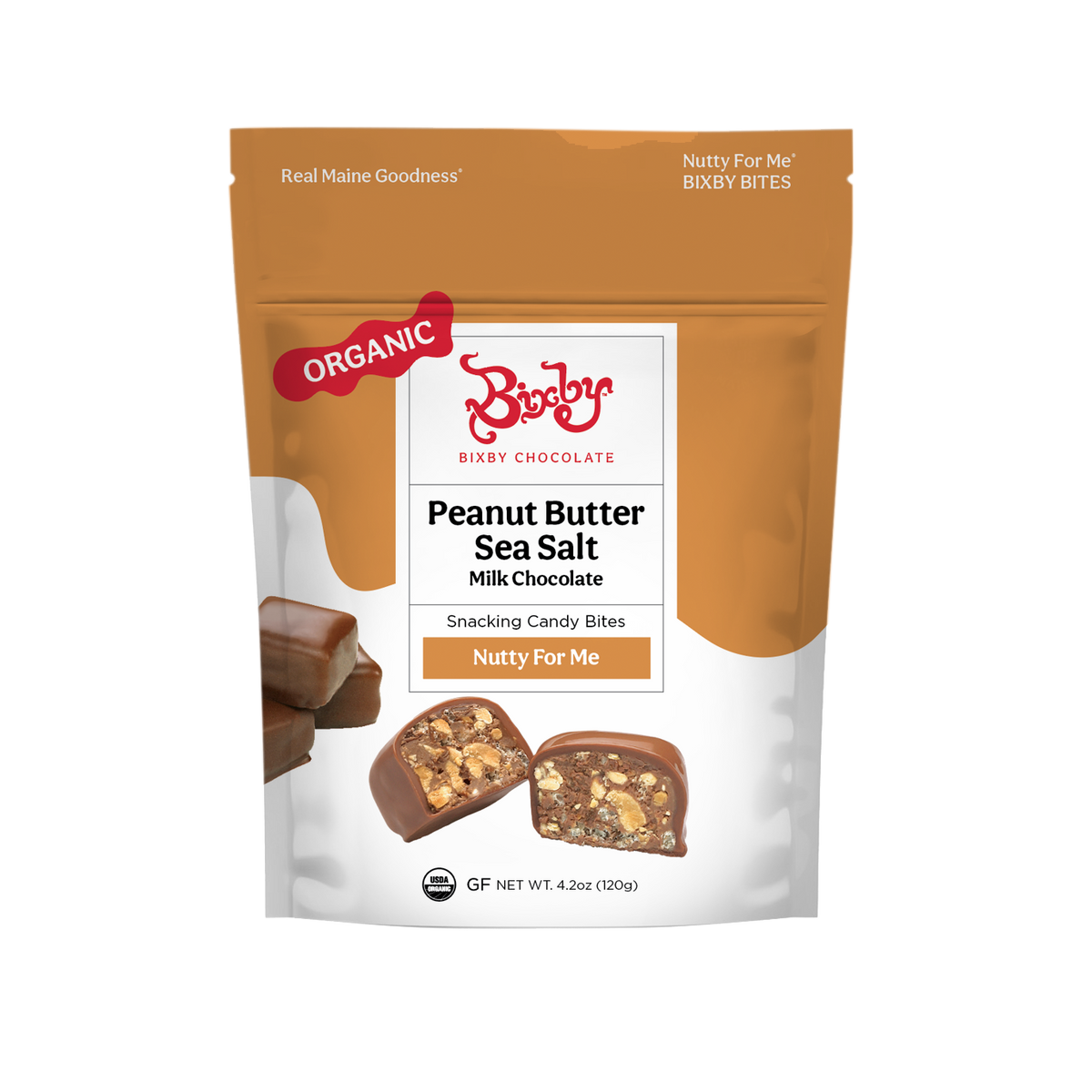 A stand-up pouch of Nutty For Me Bixby Bites: Milk Chocolate + Crunchy Peanut Butter + Maine Sea Salt by Bixby Chocolates, in a white and brown package featuring images of the bites and crunchy peanut butter with sea salt.