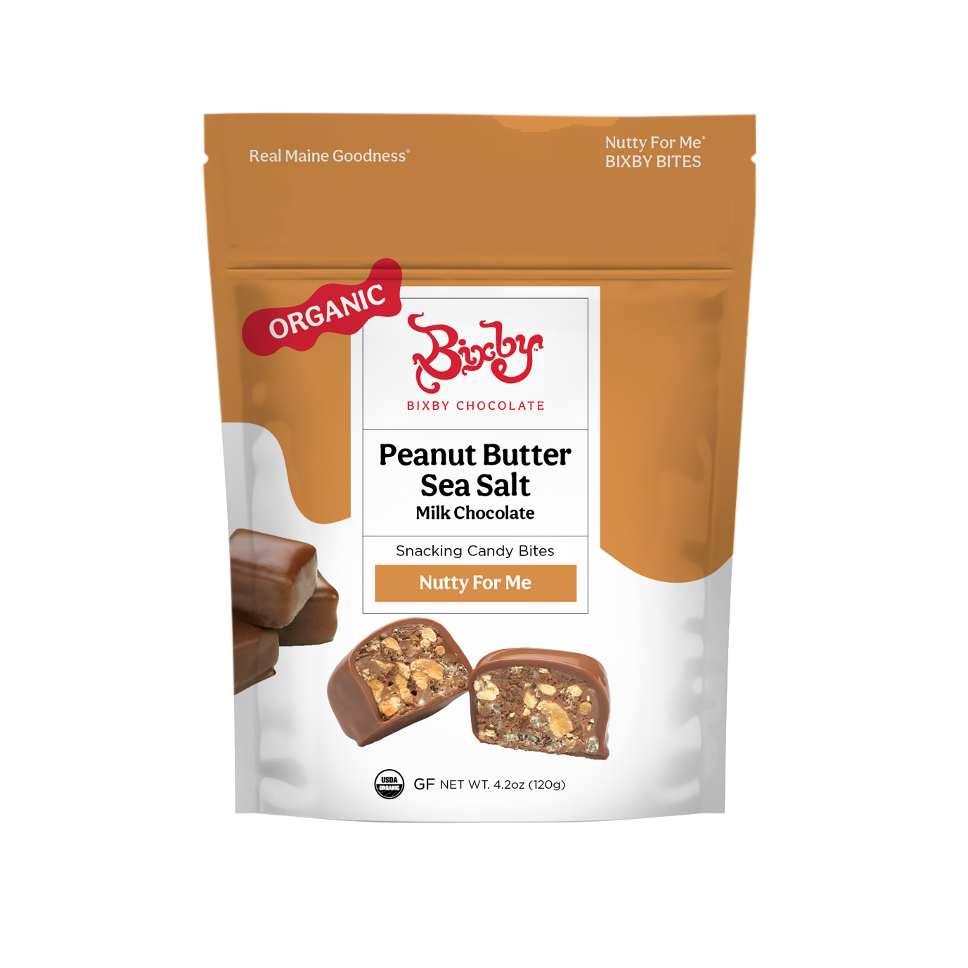 A stand-up pouch of Nutty For Me Bixby Bites: Milk Chocolate + Crunchy Peanut Butter + Maine Sea Salt by Bixby Chocolates, in a white and brown package featuring images of the bites and crunchy peanut butter with sea salt.