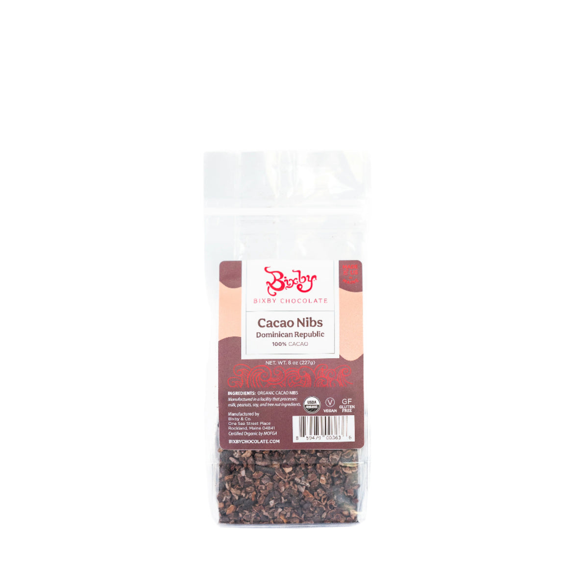 A clear, resealable bag of Bixby Chocolates Organic Dominican Republic Cacao Nibs features a brown label with product details and displays the crunchy superfood cacao nibs inside.