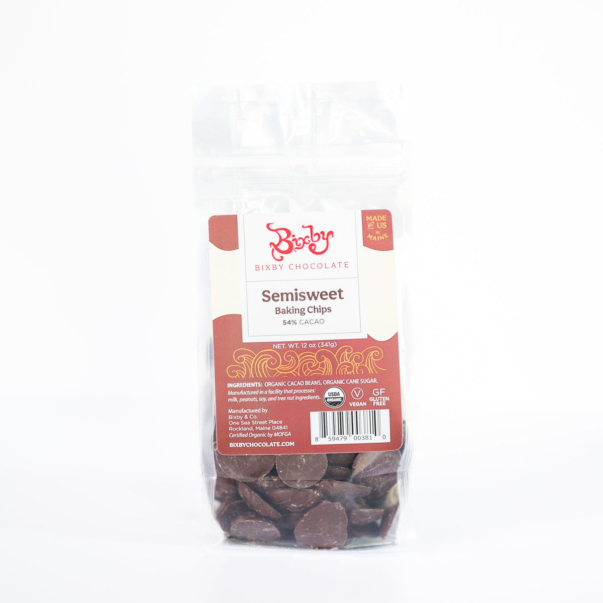 A clear bag of Bixby Chocolates Baking Chocolate Chips (54% cacao) with a red and white label shows bean to bar chips. The packaging highlights that they are organic, vegan, and gluten-free.