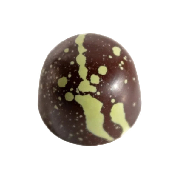 The Pistachio Dark Chocolate Bon Bon (Vegan) Gift Box from Bixby Chocolates features round, glossy bon bons with a dark brown shell, light green streaks and speckles, and a plant-based pistachio gianduja filling.