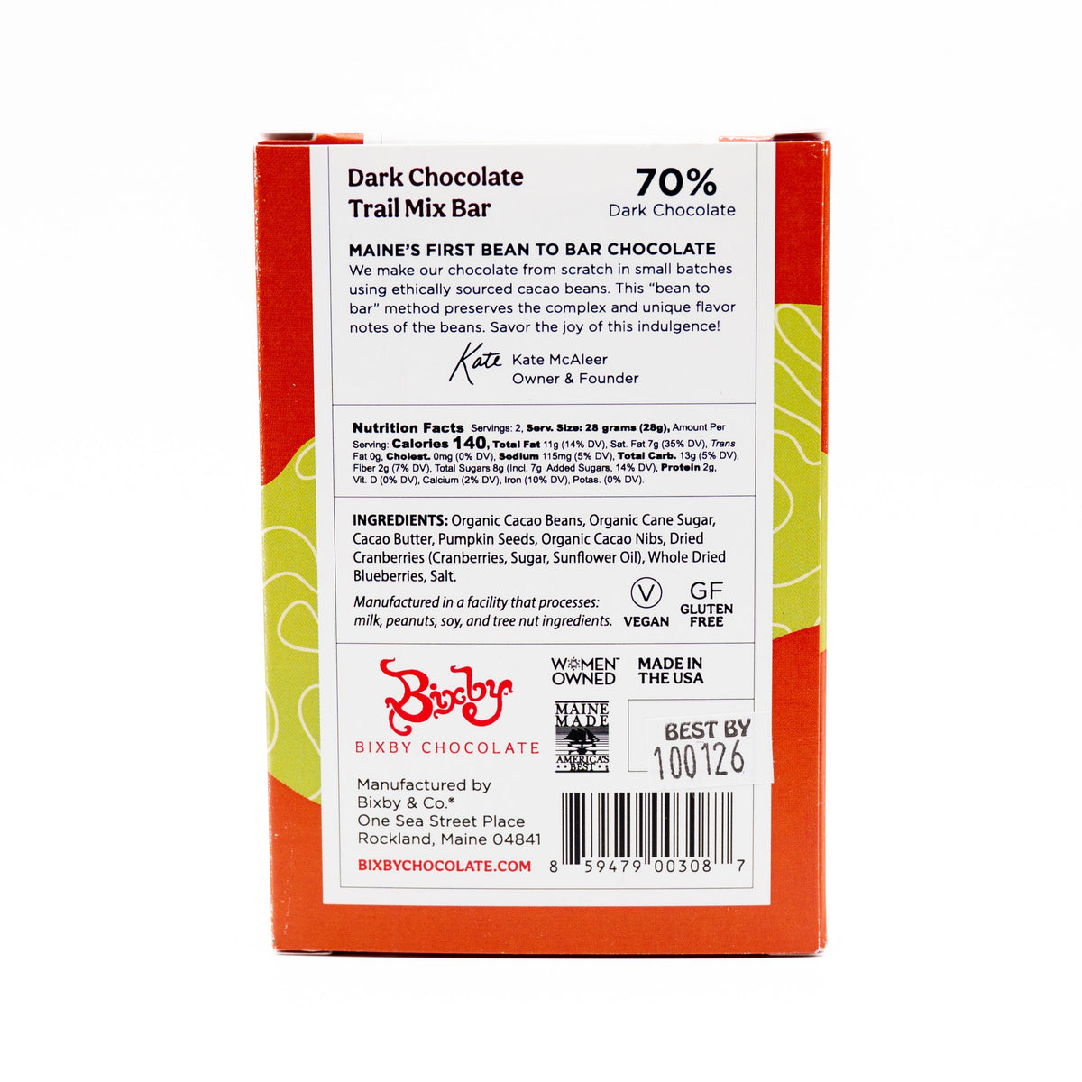 Back of a Bixby Chocolates Mountains + Sea Trail Mix 70% Dark Chocolate Bar package with nutrition facts, ingredients, founder's signature, USDA Organic, Vegan, Gluten Free seals, barcode—all on vibrant red and orange packaging.