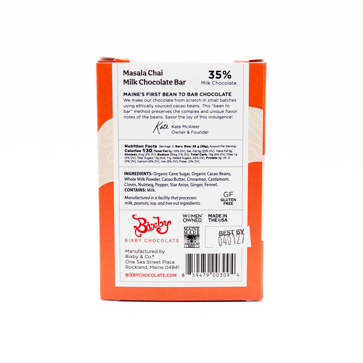 Back of a Skordo Chai Milk Chocolate Bar by Bixby Chocolates, a Maine family business, lists product info, ingredients, nutrition facts, founder’s note, and barcode on orange and white packaging. Bar contains 35% milk chocolate.