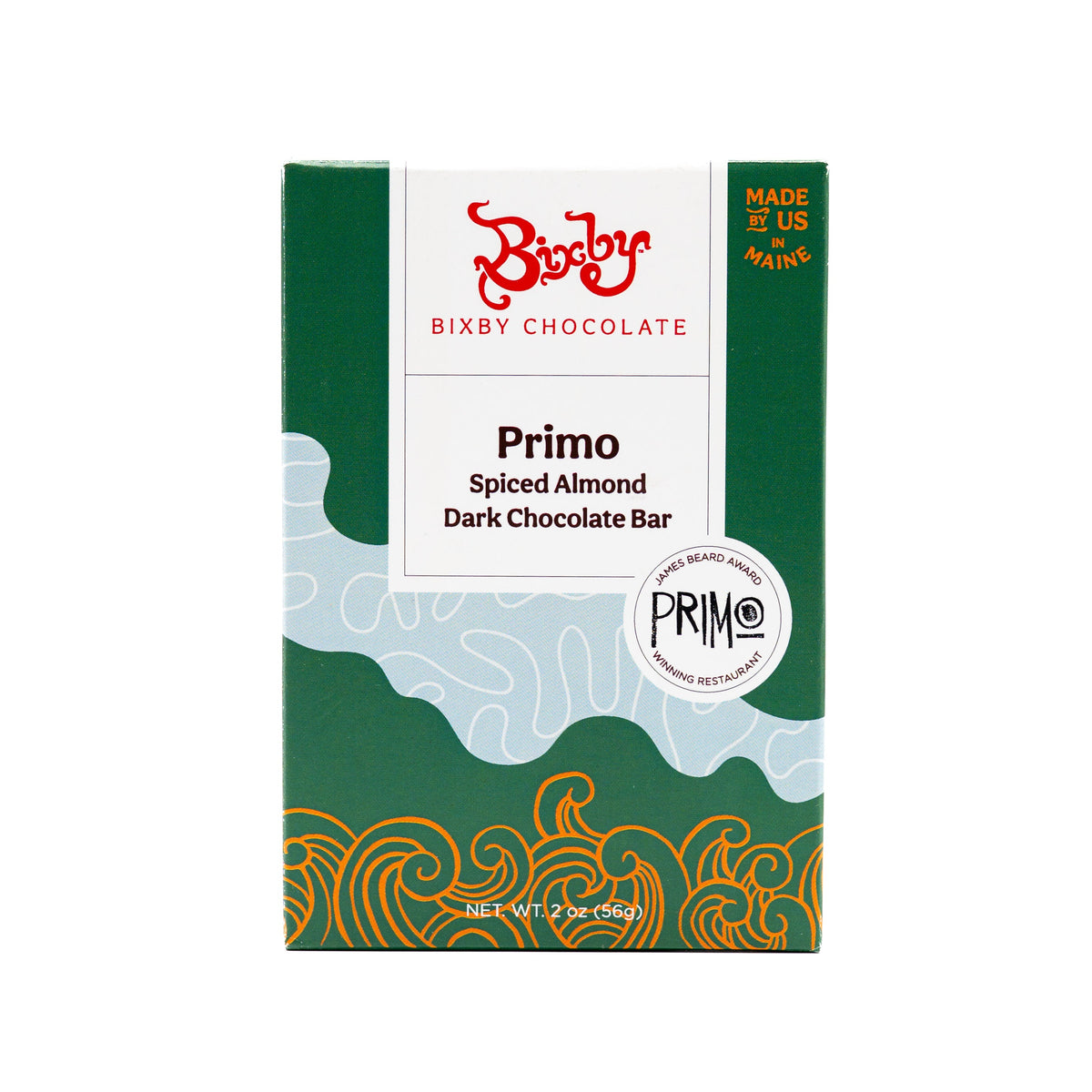 A 2oz (56g) box of Bixby Chocolates Primo Dark Chocolate Spiced Olive Oil Roasted Almond Bar, featuring a green and gold wave design, made in Maine, USA with organic cocoa beans from the Dominican Republic.
