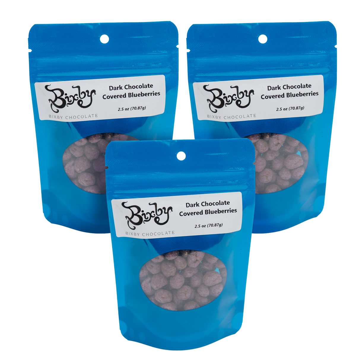 Three blue resealable bags of Bixby Chocolate Dark Chocolate Covered Blueberries, each 2.5 oz (70.87 g), showcase the product through a clear window. These gluten-free, vegan treats make a delicious snack.