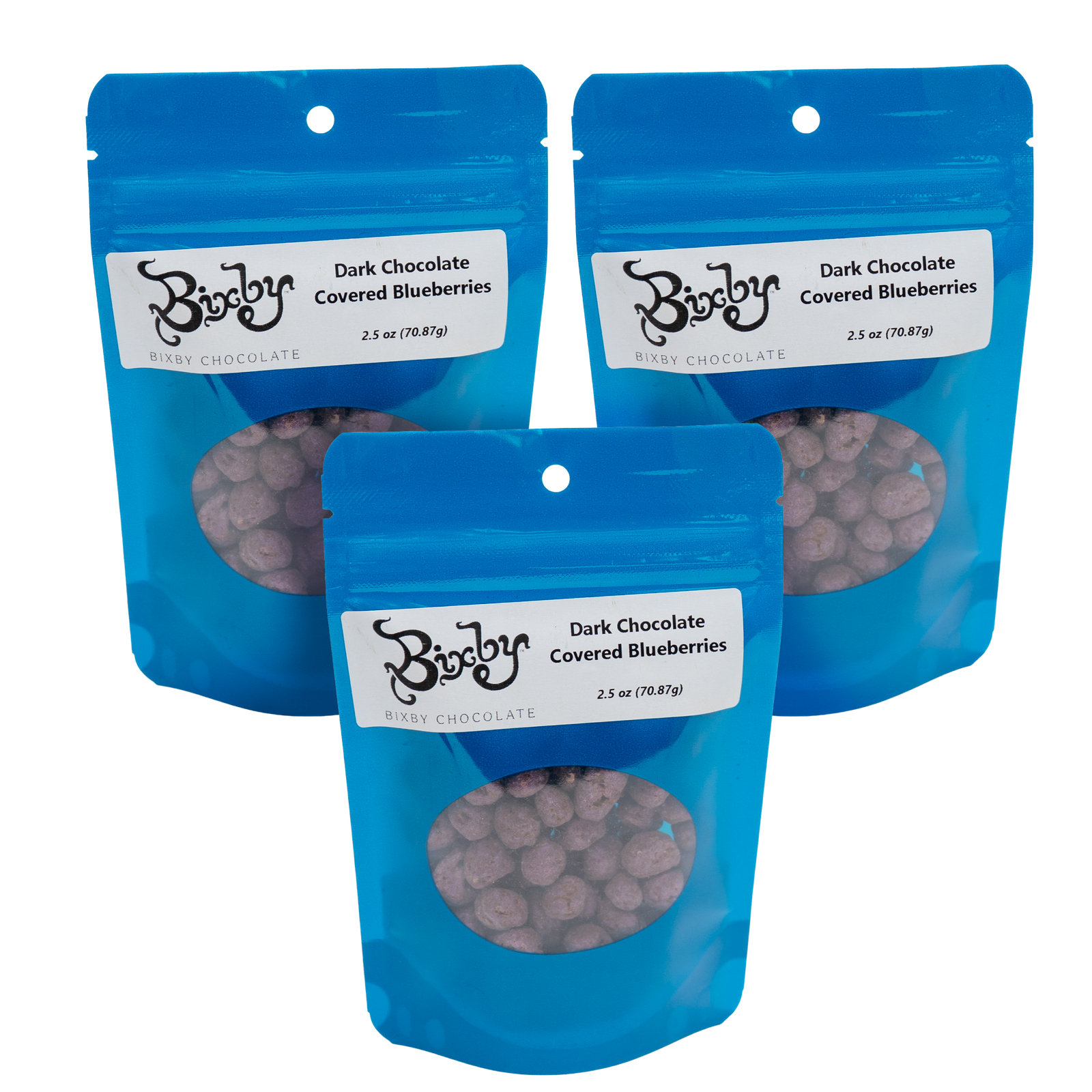 Three blue resealable bags of Bixby Chocolate Dark Chocolate Covered Blueberries, each 2.5 oz (70.87 g), showcase the product through a clear window. These gluten-free, vegan treats make a delicious snack.