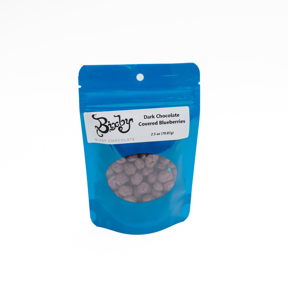 A blue resealable pouch of Bixby Chocolate Dark Chocolate Covered Blueberries (2.5 oz) with a clear window shows the treats inside. Gluten Free and Vegan; conveniently sold in packs of 3.
