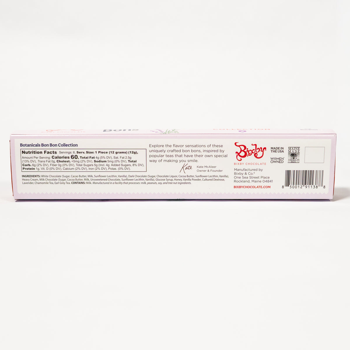 The back of a Botanics Bon Bon Collection candy box, showing nutrition facts, ingredients, and branding on a white background.
