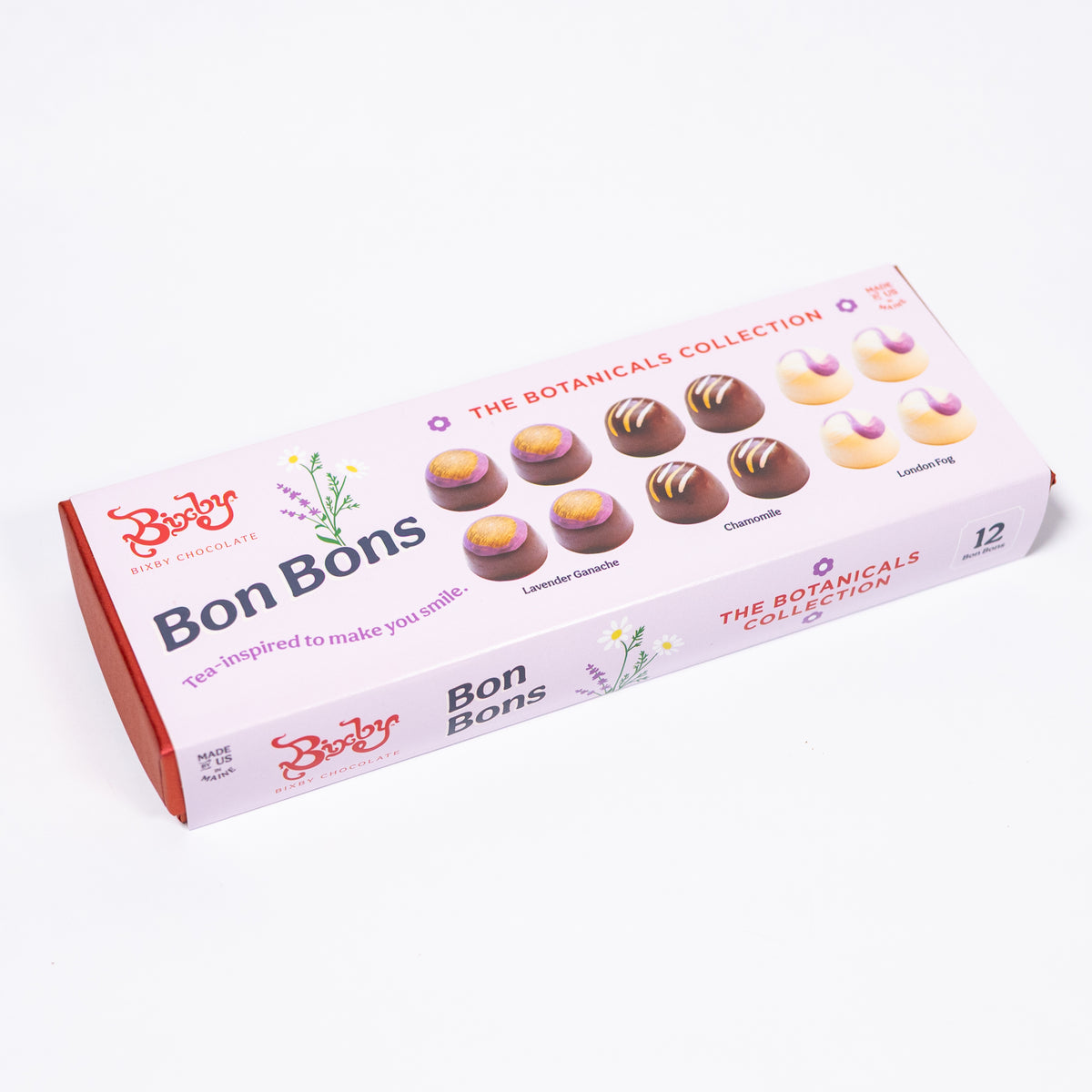 A boxed set of 12 Bon Bons chocolates from BioZar, featuring a light pink box with illustrations of different chocolate flavors and red side panels, photographed on a clean white background.