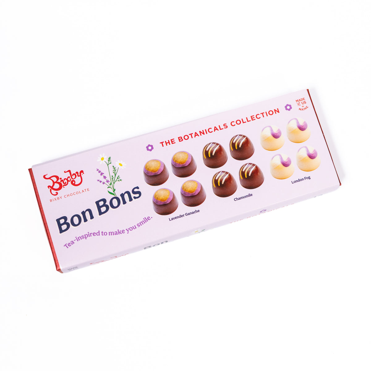 A boxed set of Bon Bons chocolates from Botani's The Botanicals Collection, shown at an angle on a clean white background.