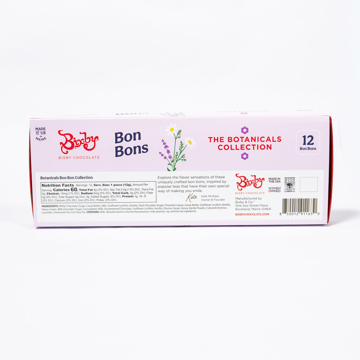 The Botanics Bon Bons 'The Botanicals Collection' 12-pack box, showing the back panel with product details, nutrition facts, and branding on a white background.