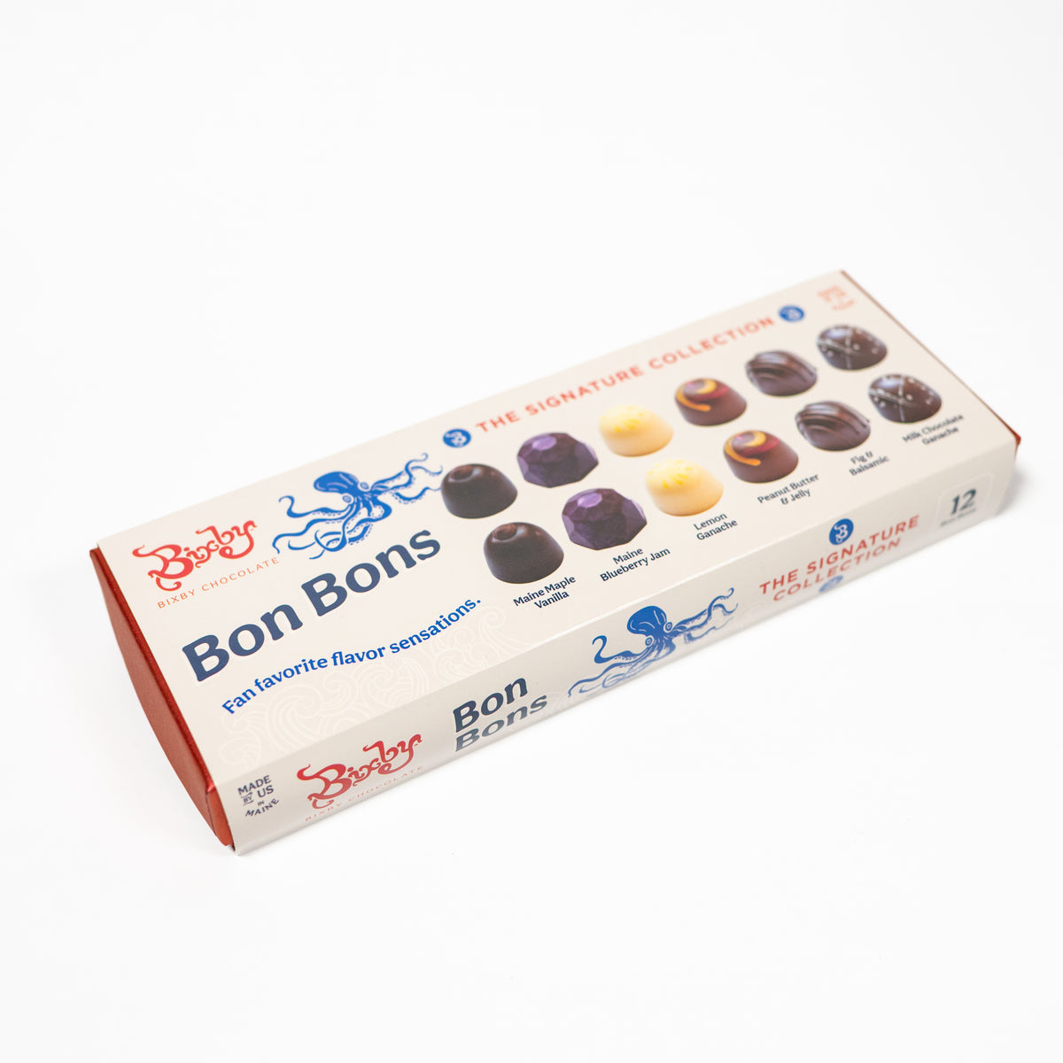 A boxed set of 12 Bon Bons chocolates from Baby's Chocolate Company, displayed on a clean white background. The packaging is cream-colored with blue octopus illustrations and red accents, showing various chocolate flavors on the front.