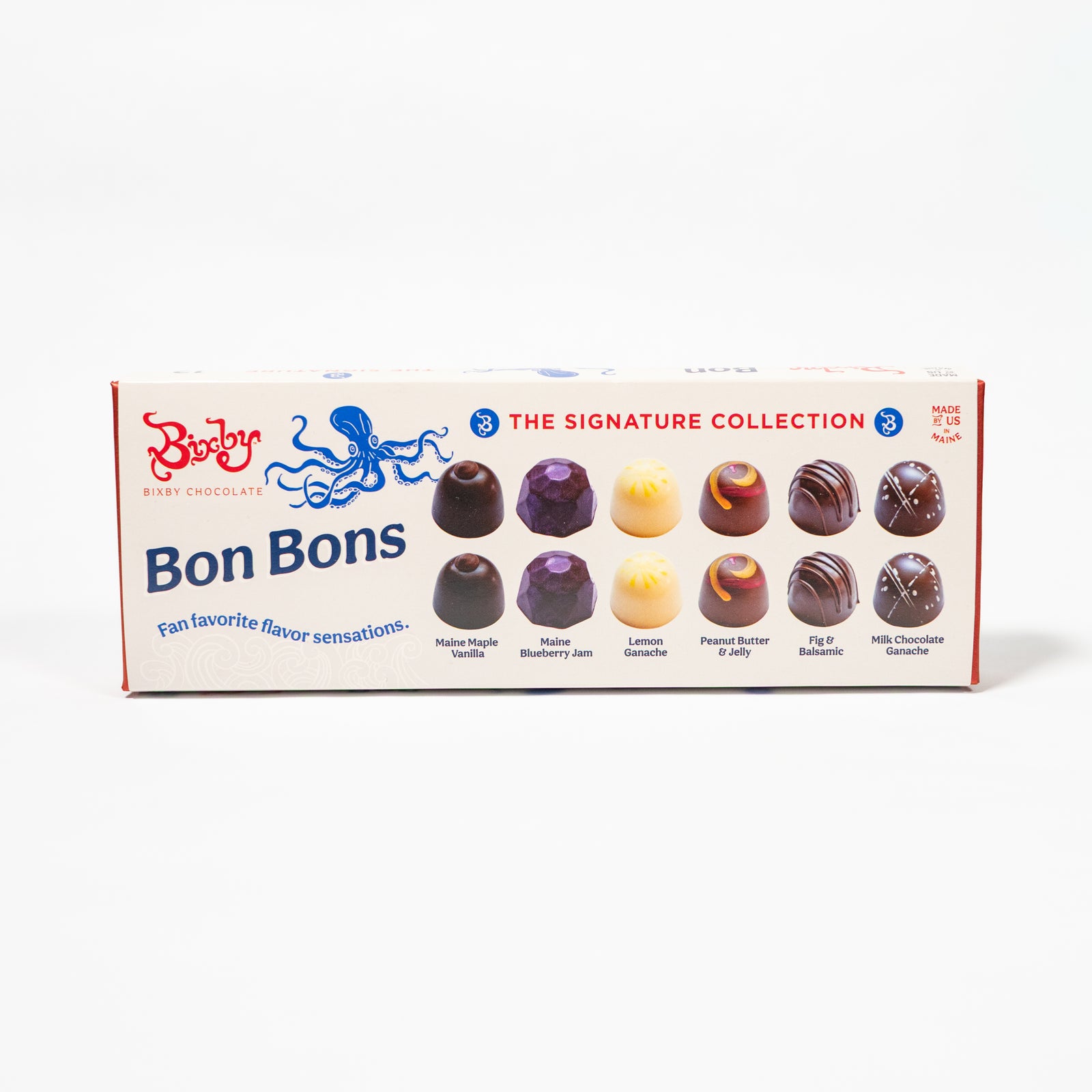 A rectangular box of Bon Bons from Biscuit of Chocolate, featuring a white background with red and blue branding and a row of illustrated chocolate pieces in various flavors.