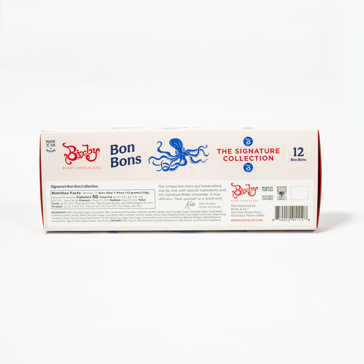 The back of a Biscuit Bon Bons chocolate box, showing the brand logo, product details, and a barcode on a clean white background.