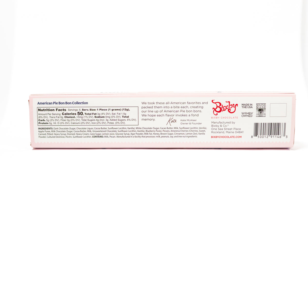 The back of a pink American Pie Bon Bon Collection candy box, showing nutrition facts, ingredients, and branding on a white background.