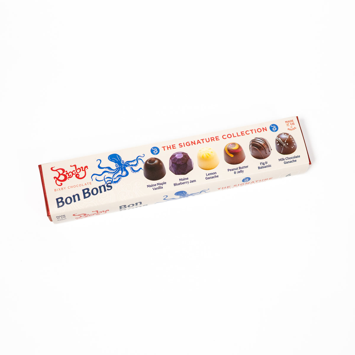 A boxed selection of Bioby Bon Bons chocolates on a clean white background. The white carton features red and blue branding, an octopus illustration, and a row of six different chocolate types pictured on the front.