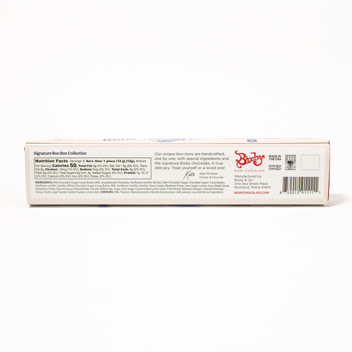 The back of a white rectangular box for a chocolate product, showing nutrition facts, ingredients, and branding on a clean white background.