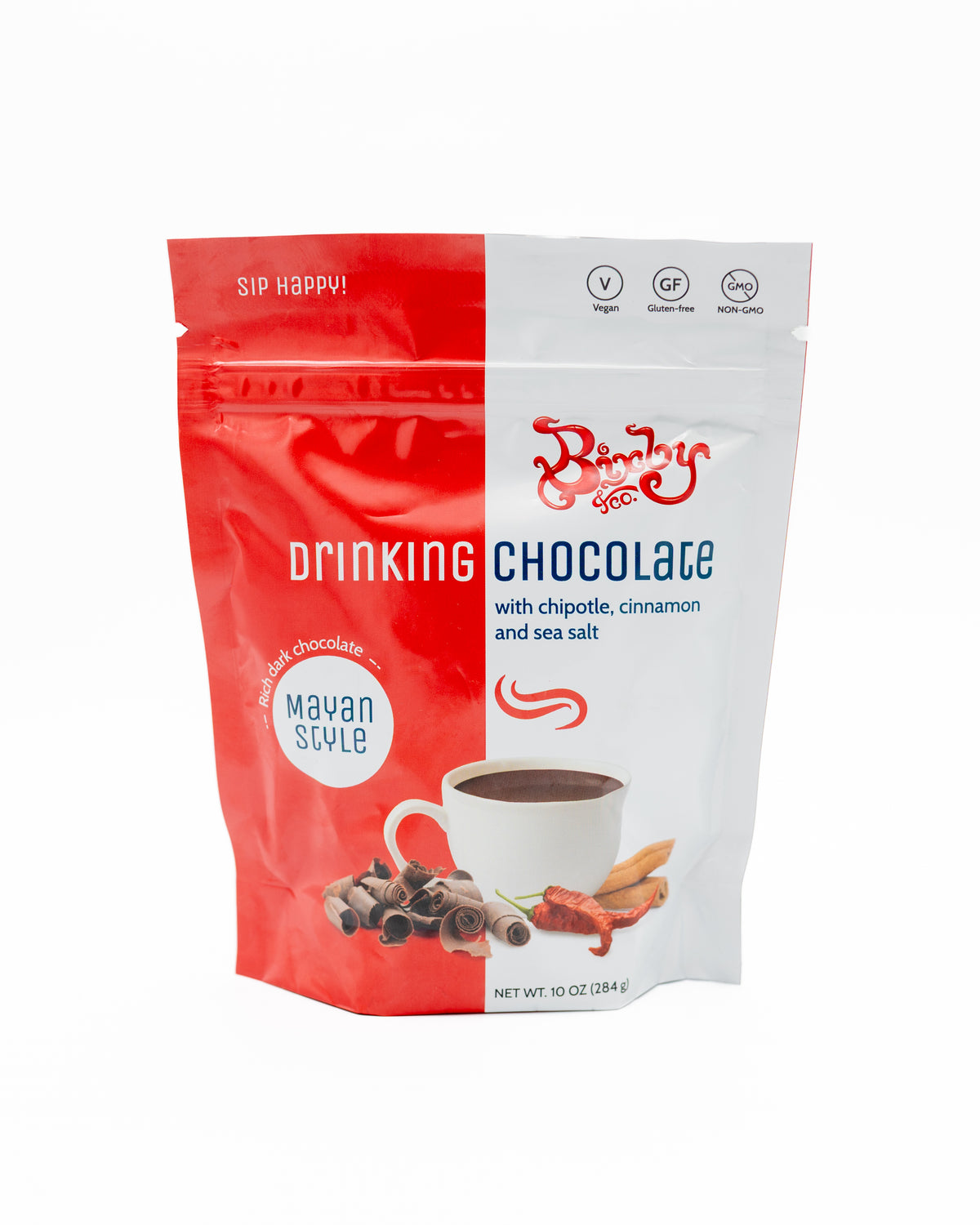A red and white pouch of Bixby Chocolates Non GMO Drinking Chocolate Mix, Mayan Style vegan hot chocolate with chipotle, cinnamon, and sea salt. The package shows a cup of dark chocolate with curls and cinnamon sticks.