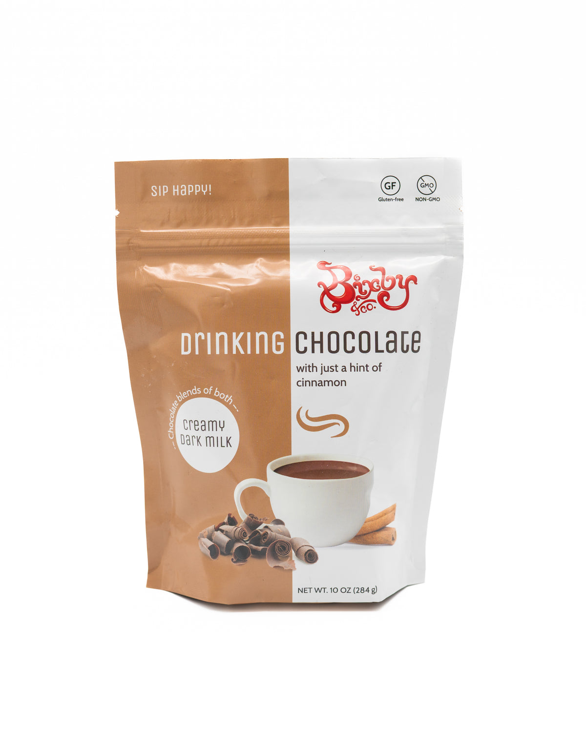 A standing pouch of Bixby Chocolates Non GMO Drinking Chocolate Mix, made with creamy dark chocolate, shown with a cup of hot chocolate and cinnamon sticks on the front, and labeled as gluten-free and non-GMO.