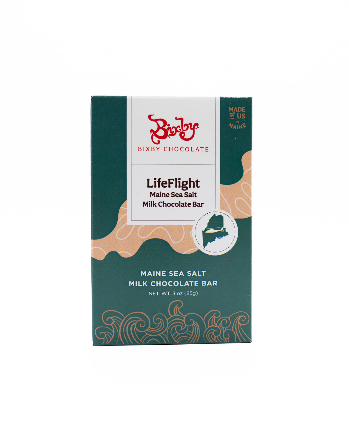 A 3 oz Bixby Chocolates LifeFlight Maine Sea Salt Milk Chocolate Bar featuring teal and beige packaging with a Maine illustration, created to support Life Flight of Maine, the state's emergency air transport service.