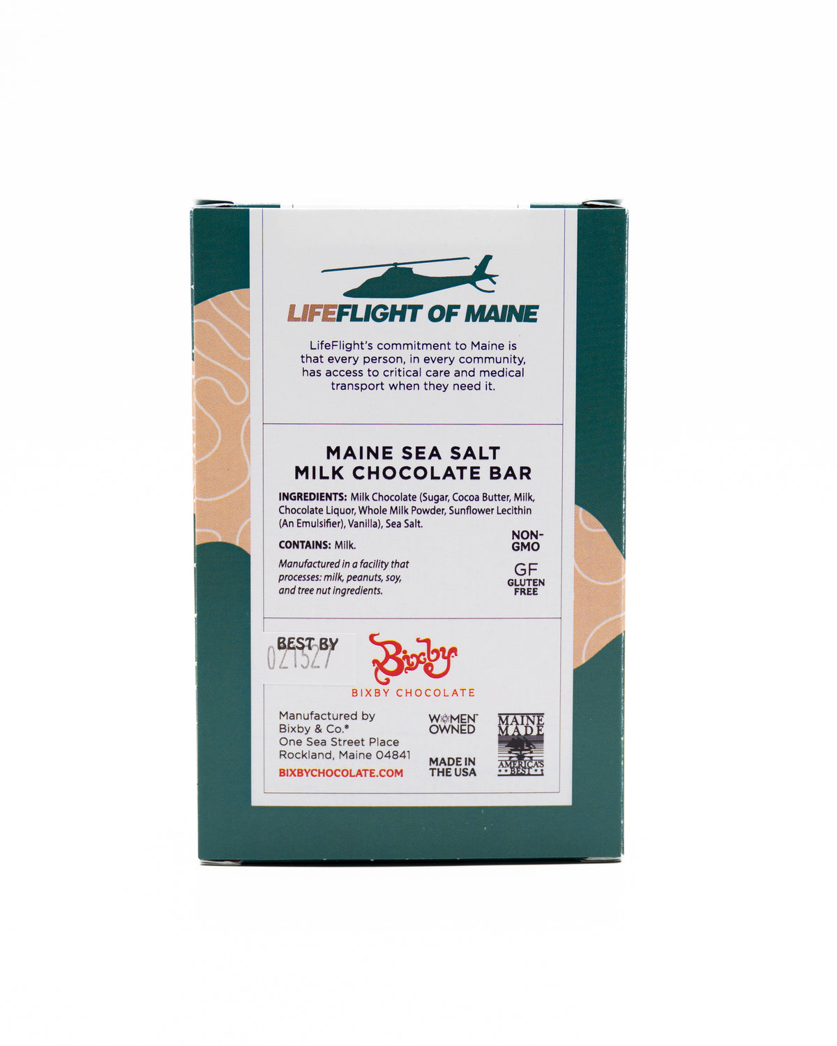 Back of a Bixby Chocolates LifeFlight Maine Sea Salt Milk Chocolate Bar shows ingredients, non-GMO and gluten-free seals, nutritional info, and logos. Highlights partnership with LifeFlight of Maine for emergency air transport.