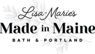 Logo for Lisa-Maries Made in Maine with Bath & Portland written below. A faint botanical illustration appears in the background.
