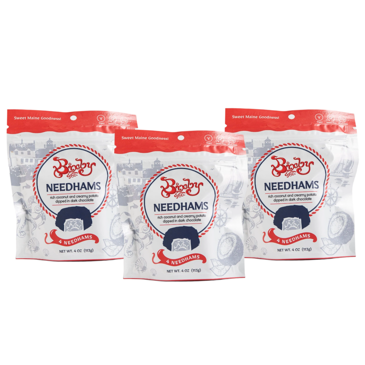 Three red-and-white bags of Bixby Chocolates Needhams, a classic Maine chocolate coconut candy, each package showcasing Maine scenery and a coconut-filled chocolate—a true local treat.