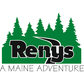 Logo for Renys featuring a winding road through green pine trees with the text Renys in bold black letters and A MAINE ADVENTURE in smaller text below.