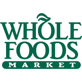 Whole Foods Market logo in green text, with the word WHOLE above FOODS, and MARKET in a rounded green rectangle below. The O in WHOLE features a leaf design on top.