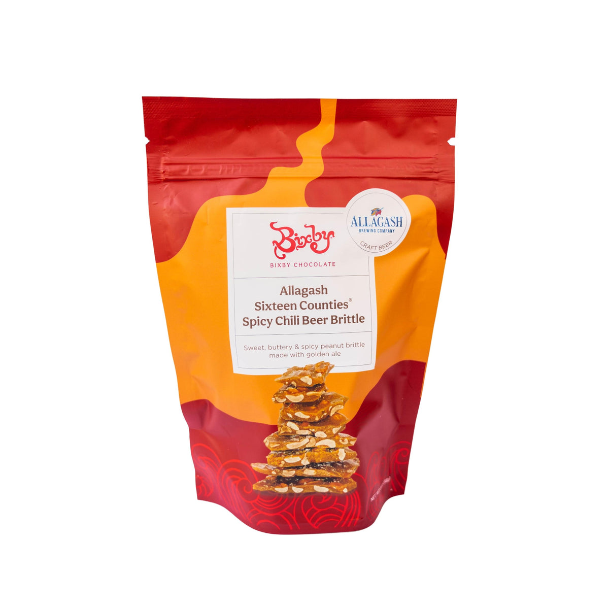 A red and orange bag of Bixby Chocolates Allagash Beer Brittle, featuring stacked brittle pieces and a label highlighting spicy chipotle peanut brittle with Maine sea salt.