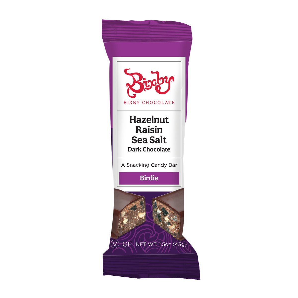 A purple Bixby Chocolates bar wrapper labeled Hazelnut Raisin Sea Salt Dark Chocolate, with images showing nuts and raisins. Try the vegan, gluten-free Bixby Bar Baker's Dozen Deal: buy 12, get 1 free!.