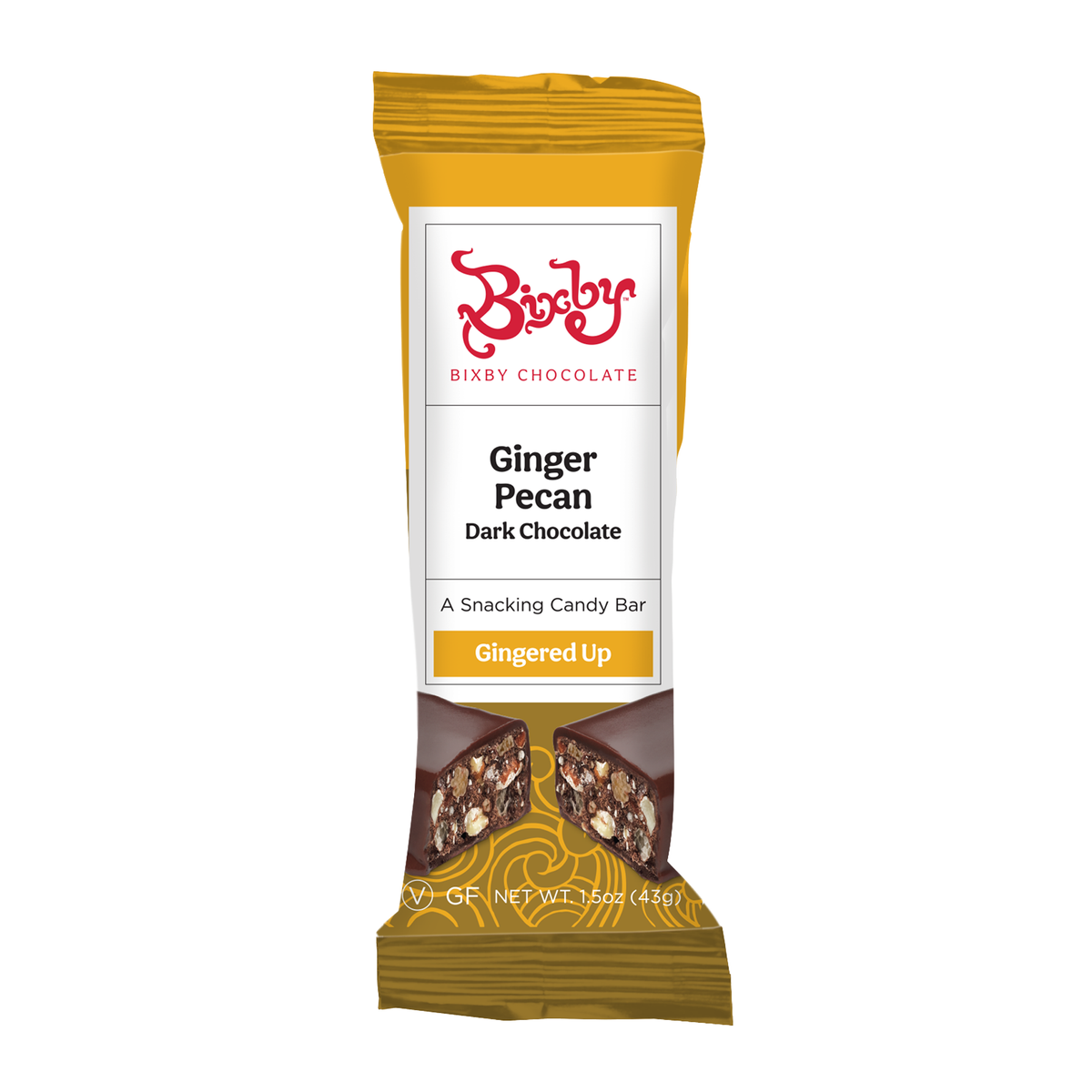 A wrapped Bixby Chocolates Vegan Bixby Bar labeled Ginger Pecan Dark Chocolate features gold and white packaging with an image of nut- and ginger-filled chocolate. Buy the Baker's Dozen Deal: get 13 bars for the price of 12!.