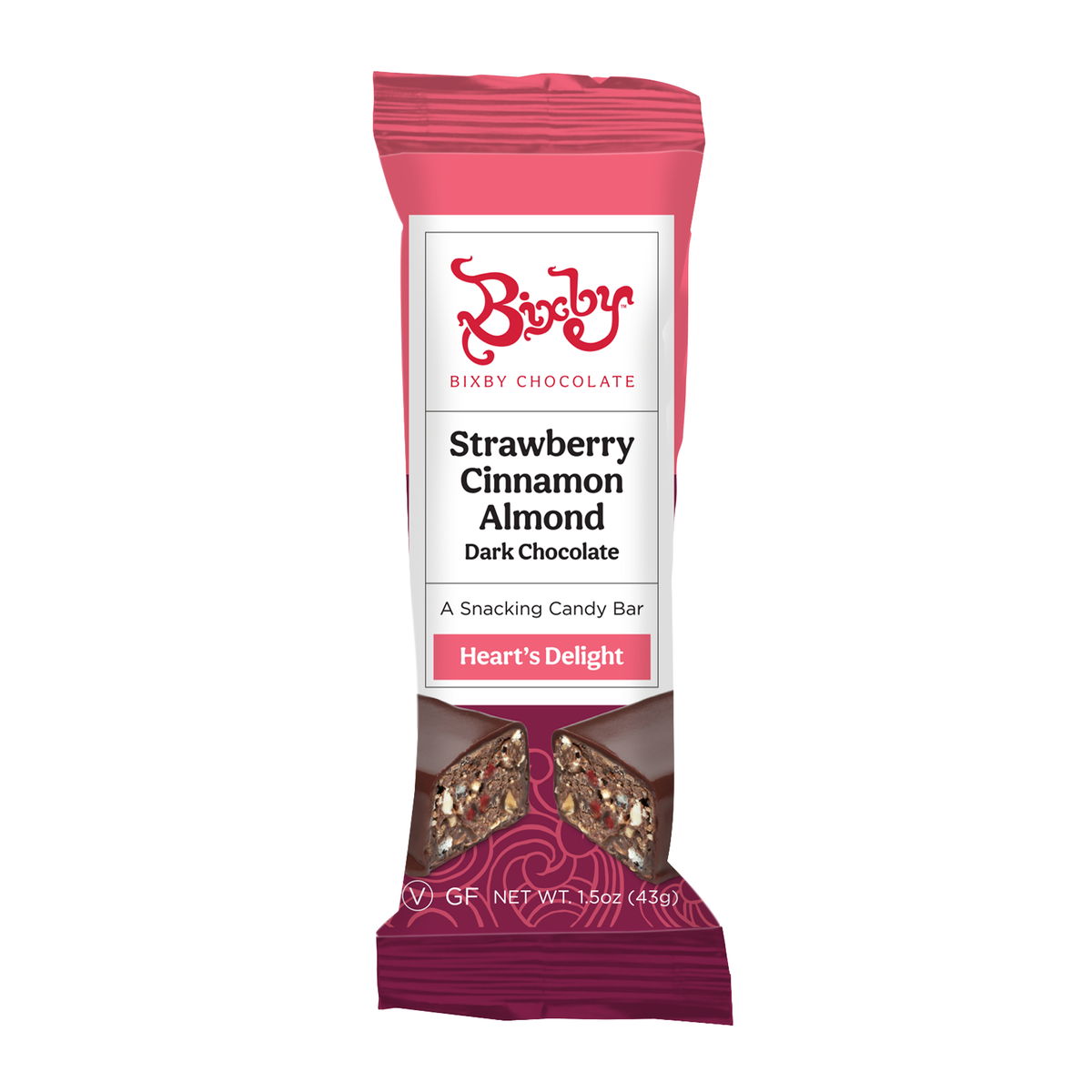 The Bixby Chocolates Bixby Bar Baker's Dozen Deal features nutty, fruity pink-wrapped Strawberry Cinnamon Almond Dark Chocolate bars with "Hearts Delight" text. Enjoy assorted flavors—buy 12 bars, get one free!.