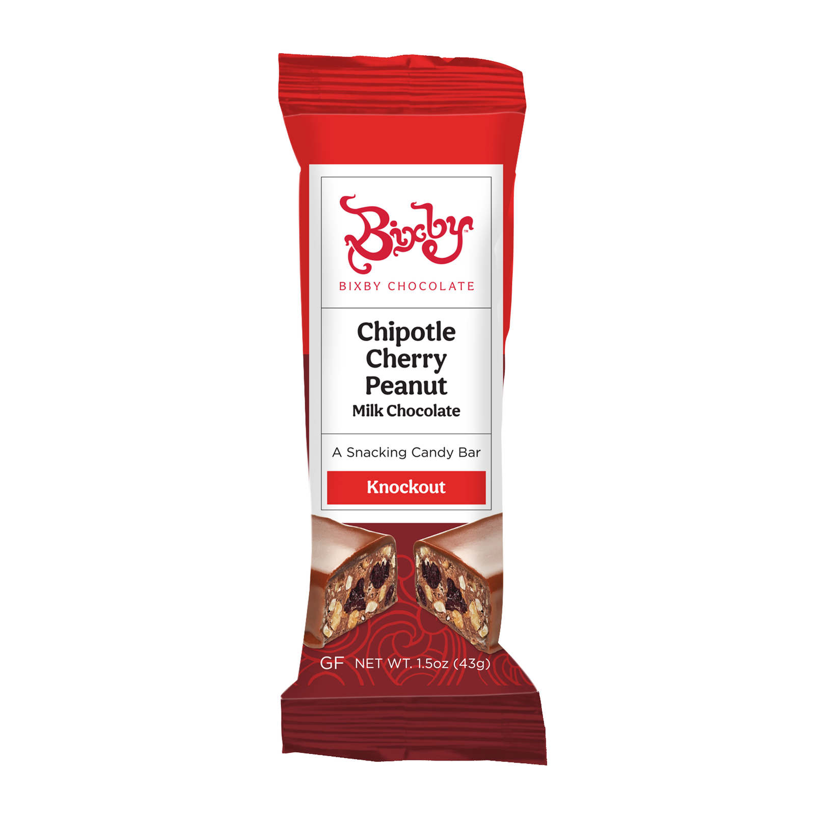 A Bixby Chocolates Knockout bar wrapper labeled Milk Chocolate + Chipotle + Peanuts + Bing Cherries shows the flavorful filling. This gluten free 1.5 oz (43g) snack delivers bold taste with chipotle, peanuts, and cherries in milk chocolate.