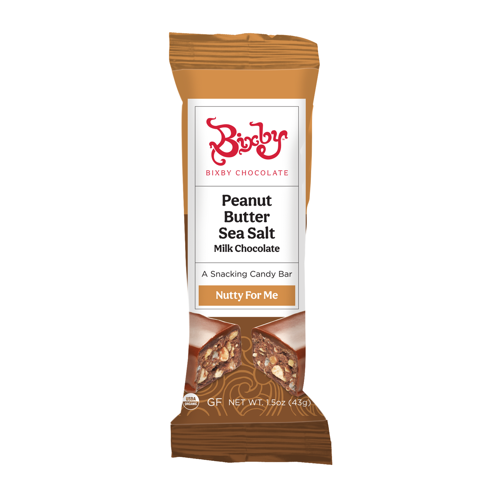A Bixby Chocolates bar called "Nutty for Me - Milk Chocolate + Crunchy Peanut Butter + Maine Sea Salt," wrapped in brown, features a crunchy peanut butter filling and sea salt, and is labeled “A Snacking Candy Bar.”.