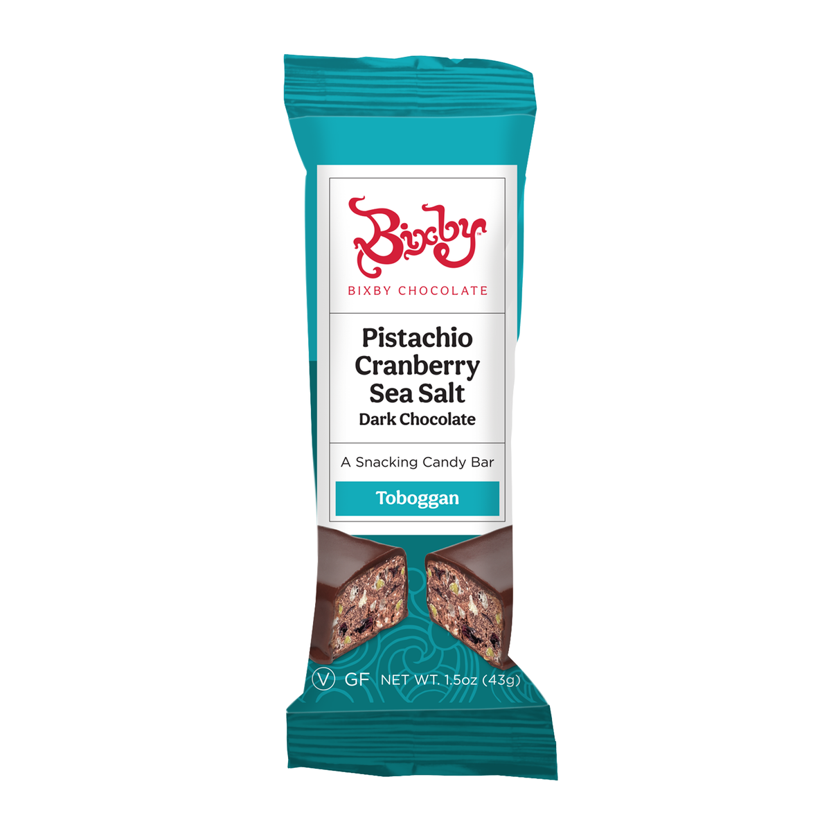 A teal-wrapped Bixby Chocolates Toboggan® bar—vegan dark chocolate with pistachios, cranberries, and Maine sea salt. 1.55 oz (43g).