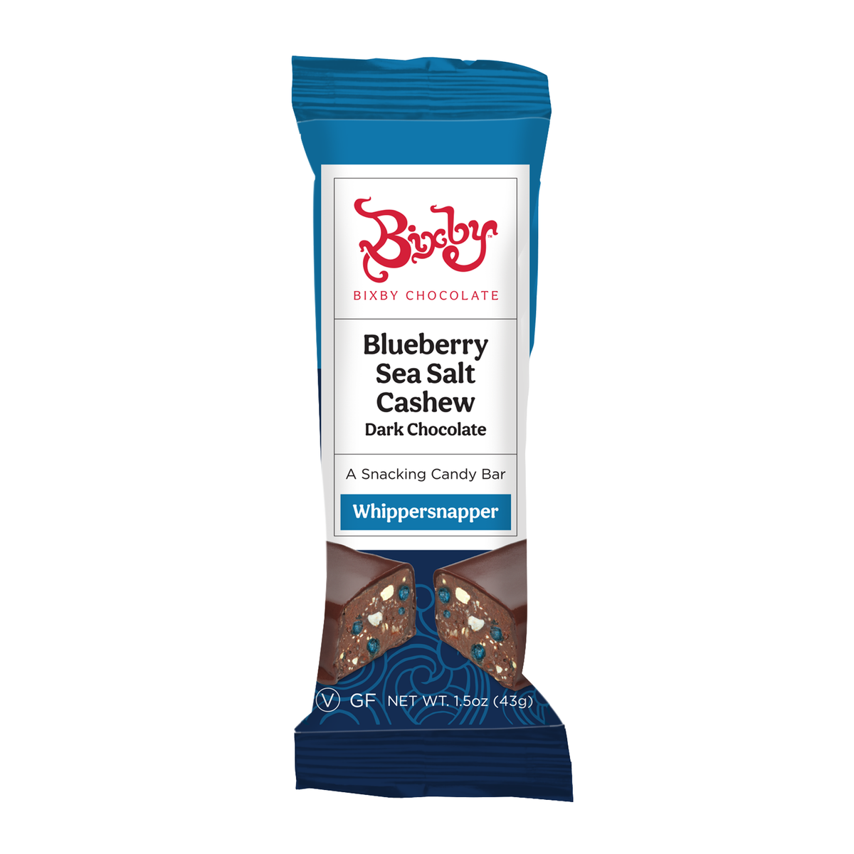 A blue wrapper of Bixby Chocolates’ Vegan Bixby Bar is shown, featuring vegan chocolate with nuts and blueberries. Get 13 bars for the price of 12 with the Baker's Dozen Deal. Each bar weighs 1.5 oz (43g).