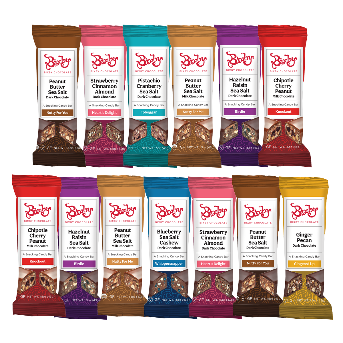 Thirteen Bixby Chocolates Bixby Bar Baker's Dozen Deal packages with assorted flavors are arranged in three rows on a white background. Colorful wrappers highlight flavor names and ingredients—get 13 bars for the price of 12.