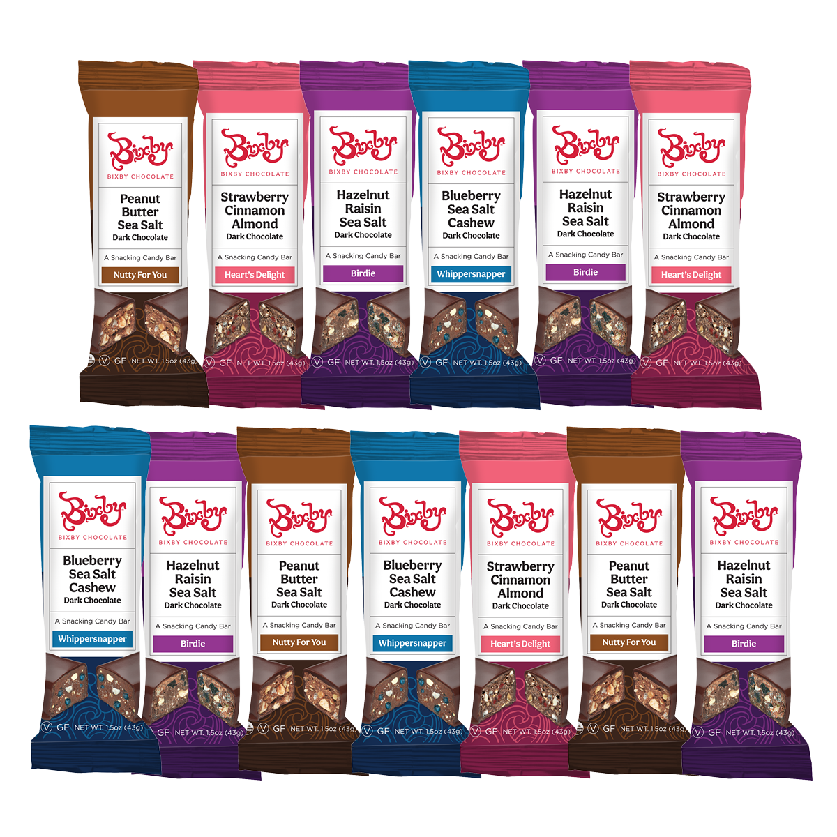 The Vegan Bixby Bar Baker's Dozen Deal by Bixby Chocolates includes 12 vegan bars in vibrant wrappers with flavors like peanut butter sea salt, blueberry cinnamon almond, and more. Buy 12, get one free!.