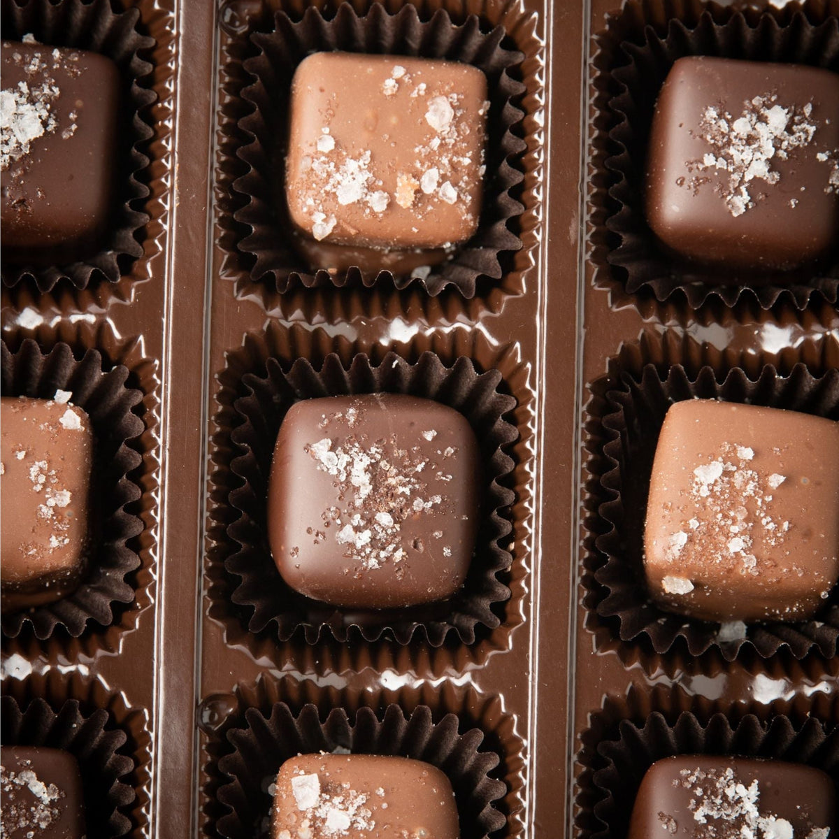 A close-up of the Bixby Chocolates 32 piece Milk & Dark Chocolate Sea Salted Caramel Gift Box shows assorted gluten-free caramels topped with coarse sea salt, neatly arranged in rows inside brown paper cups.