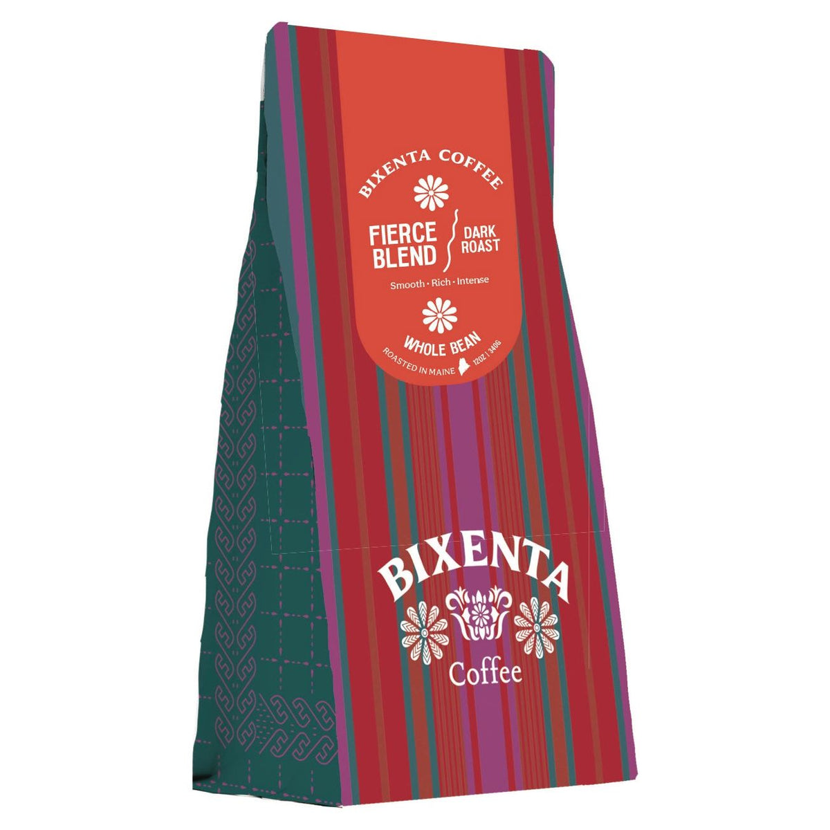 A vibrant bag of Bixenta Coffee by Bixby Chocolates, Fierce Blend Dark Roast with Honduras Cosma beans. Red, green, and purple stripes with floral designs. Text reads: Smooth. Rich. Intense. Roasted in Maine.