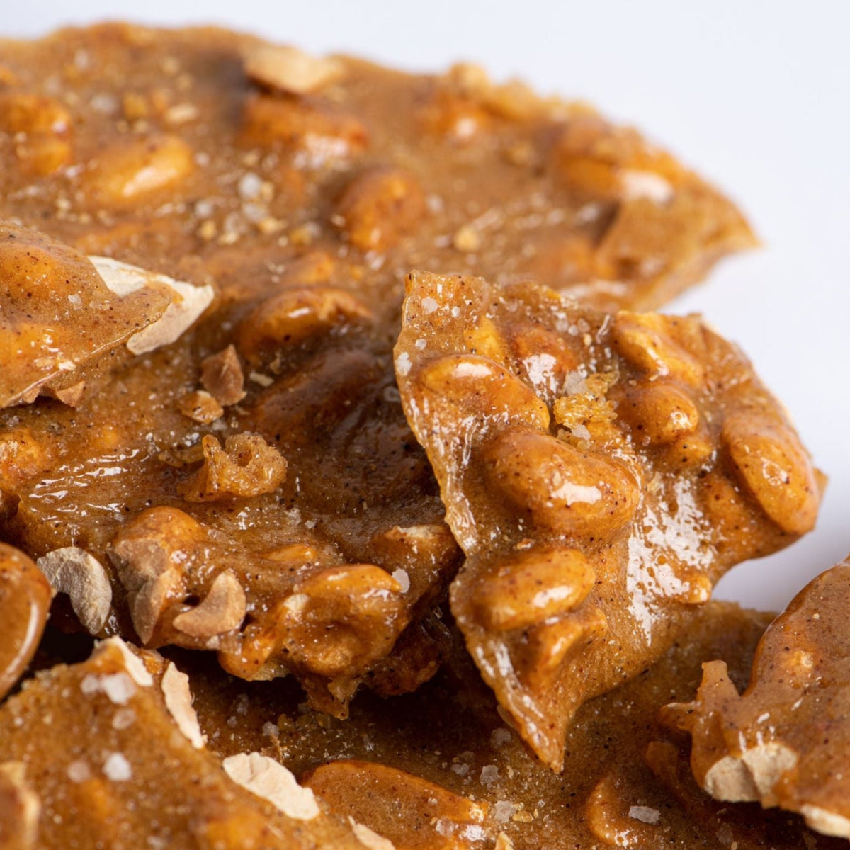 Close-up of Bixby Chocolates Allagash Beer Brittle, golden brown with whole peanuts and glossy shards, lightly dusted with Maine sea salt on a white background.