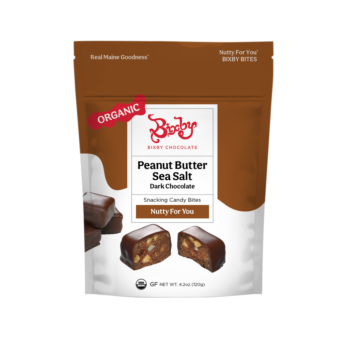 A package of Organic Nutty For You Bixby Bites (Vegan) by Bixby Chocolates, made with organic dark chocolate, crunchy peanut butter, and Maine sea salt, and featuring images of the bites.