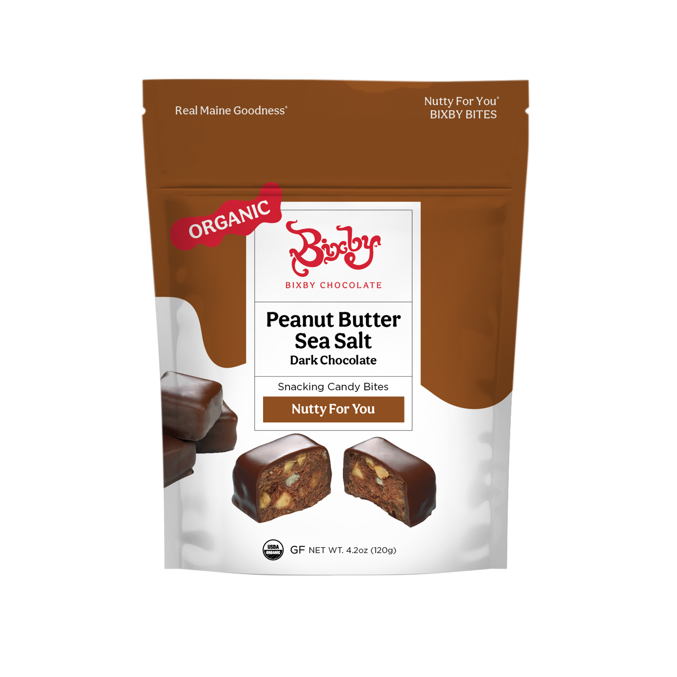 A package of Organic Nutty For You Bixby Bites (Vegan) by Bixby Chocolates, made with organic dark chocolate, crunchy peanut butter, and Maine sea salt, and featuring images of the bites.